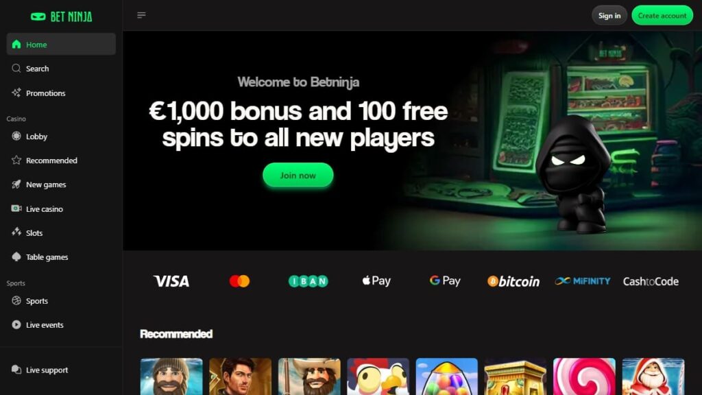 BetNinja – online casino zonder Cruks startpagina met welkomstbonus